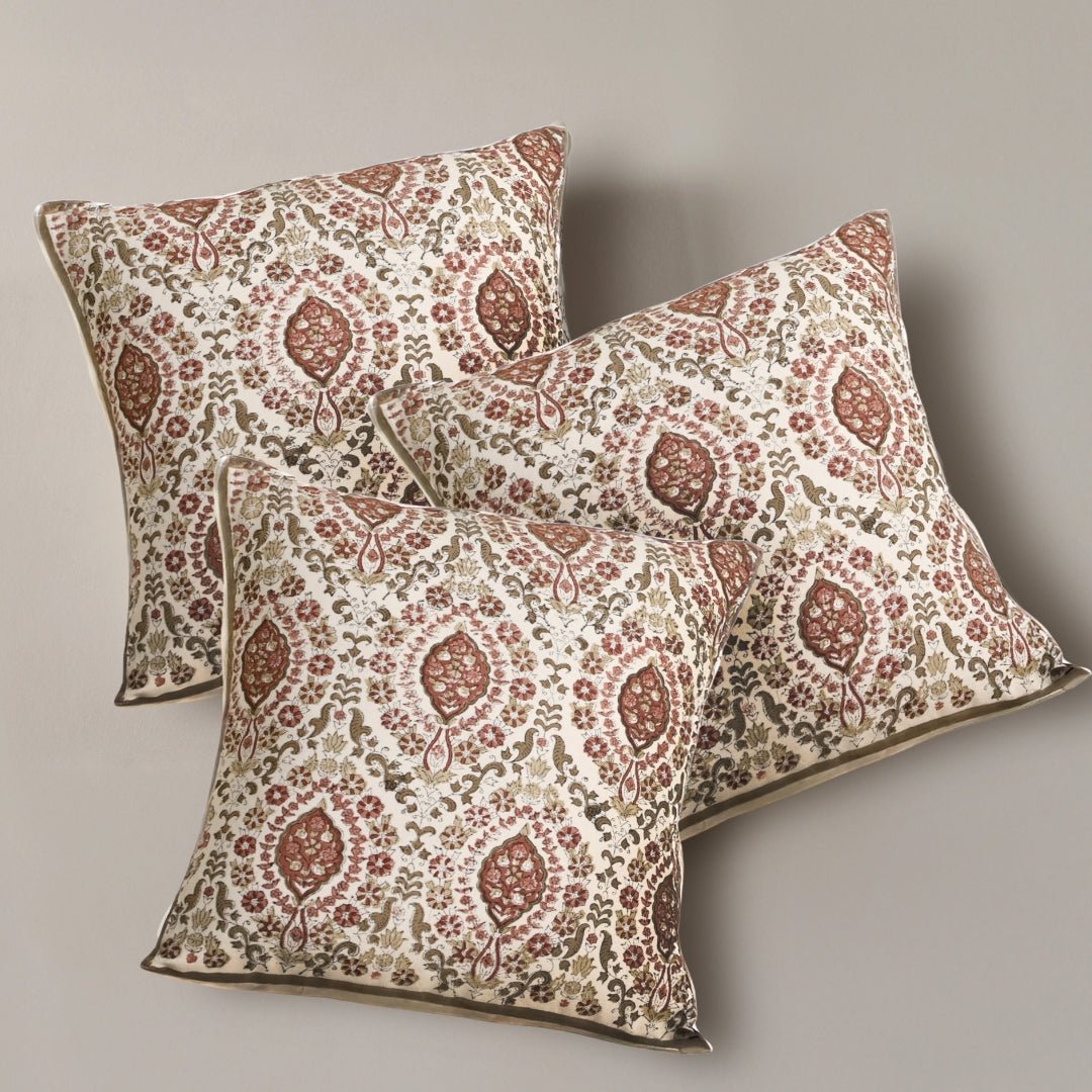Ivory and Rust Pure Cotton Cushion Cover | 18x18 in | Set of 1,2,3,4 and 5 | Block Printed