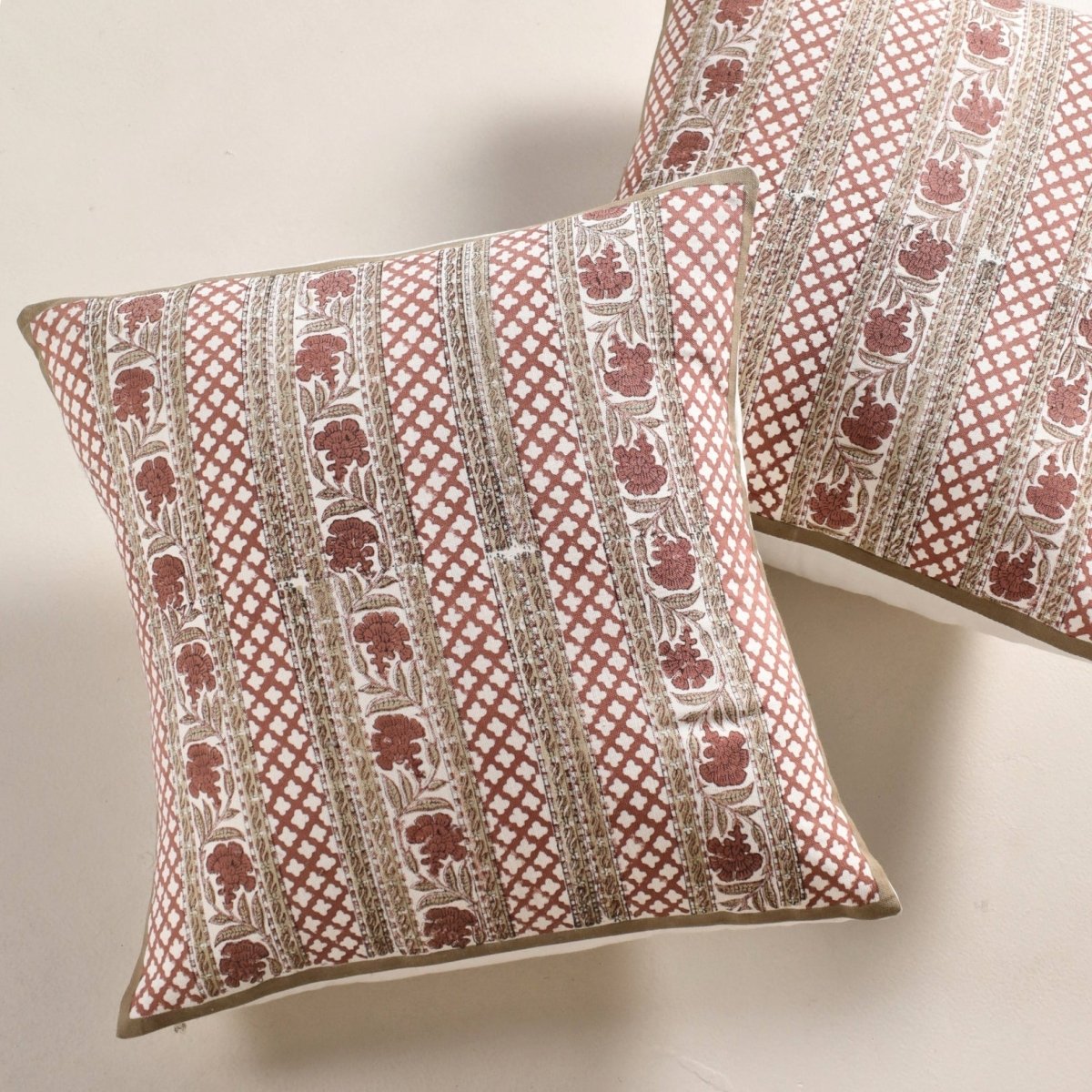 Ivory and Rust Pure Cotton Floral Cushion Cover | 18x18 in | Set of 1,2,3,4 and 5 | Block Printed
