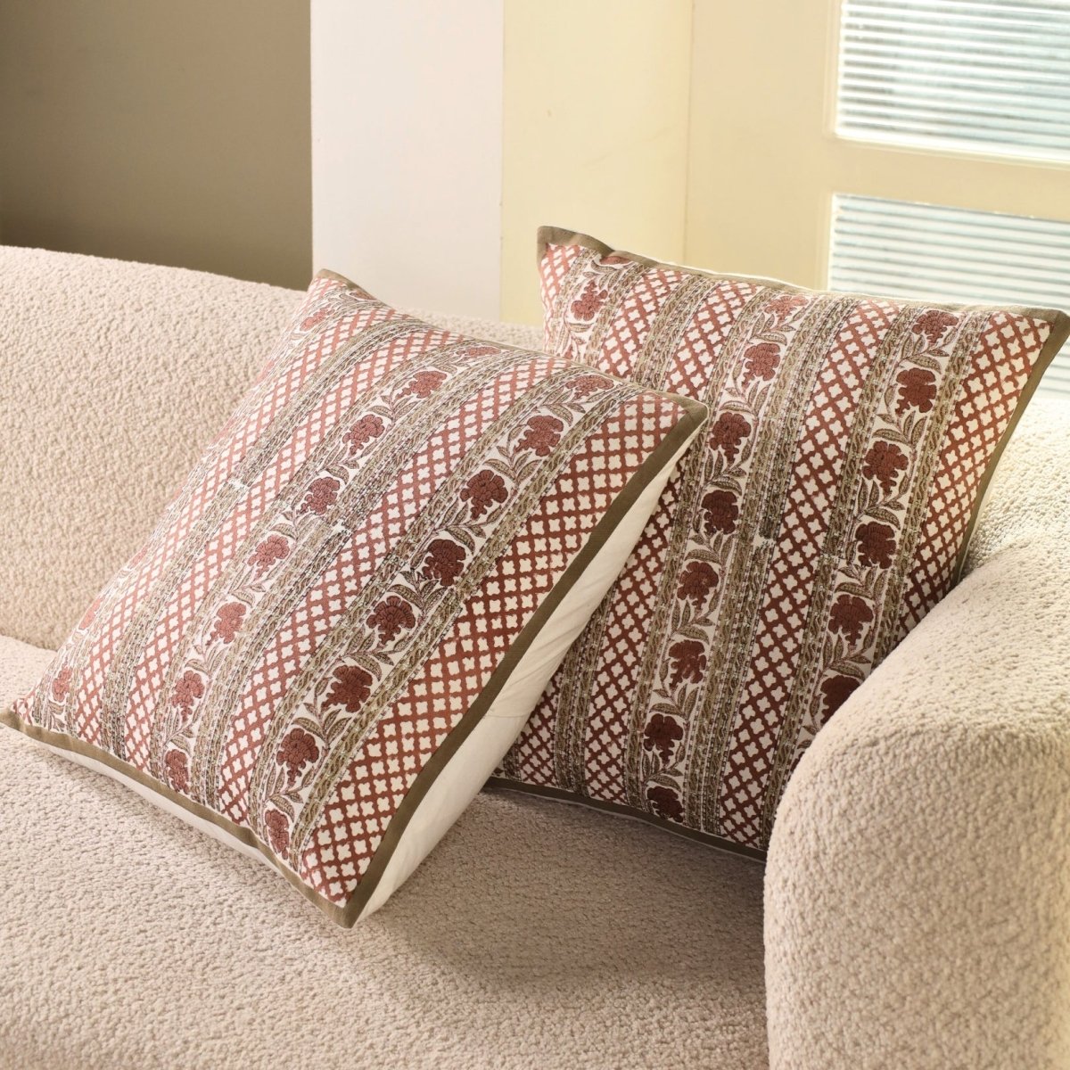 Ivory and Rust Pure Cotton Floral Cushion Cover | 18x18 in | Set of 1,2,3,4 and 5 | Block Printed