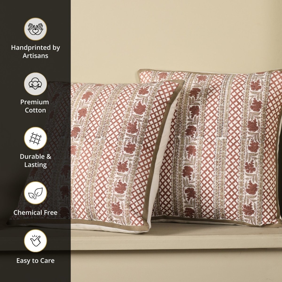 Ivory and Rust Pure Cotton Floral Cushion Cover | 18x18 in | Set of 1,2,3,4 and 5 | Block Printed