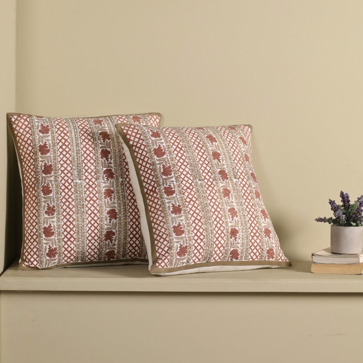 Ivory and Rust Pure Cotton Floral Cushion Cover | 18x18 in | Set of 1,2,3,4 and 5 | Block Printed