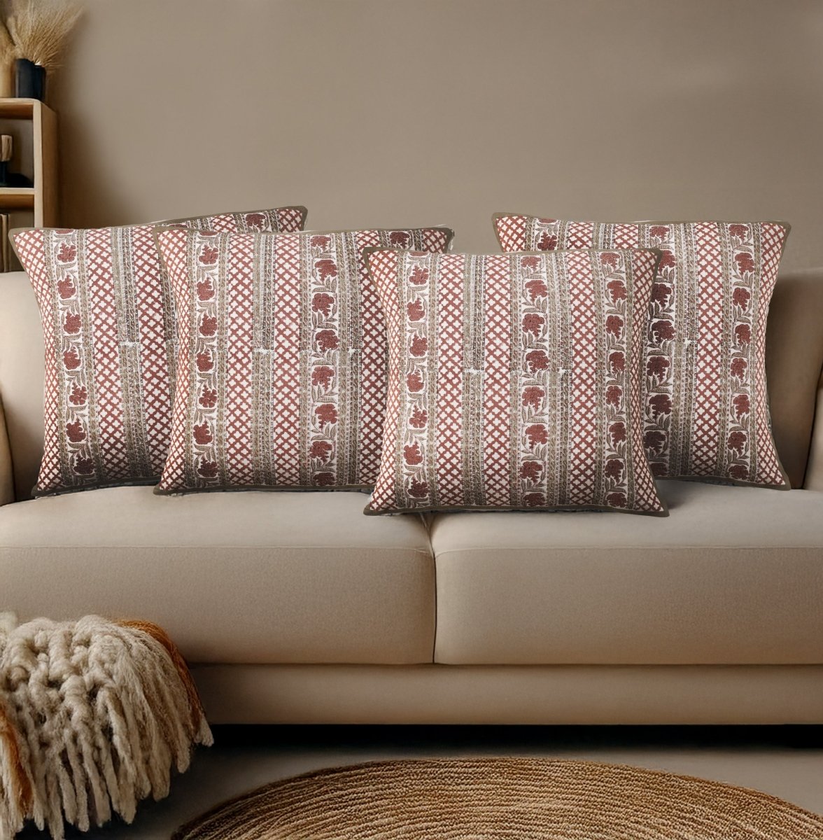 Ivory and Rust Pure Cotton Floral Cushion Cover | 18x18 in | Set of 1,2,3,4 and 5 | Block Printed
