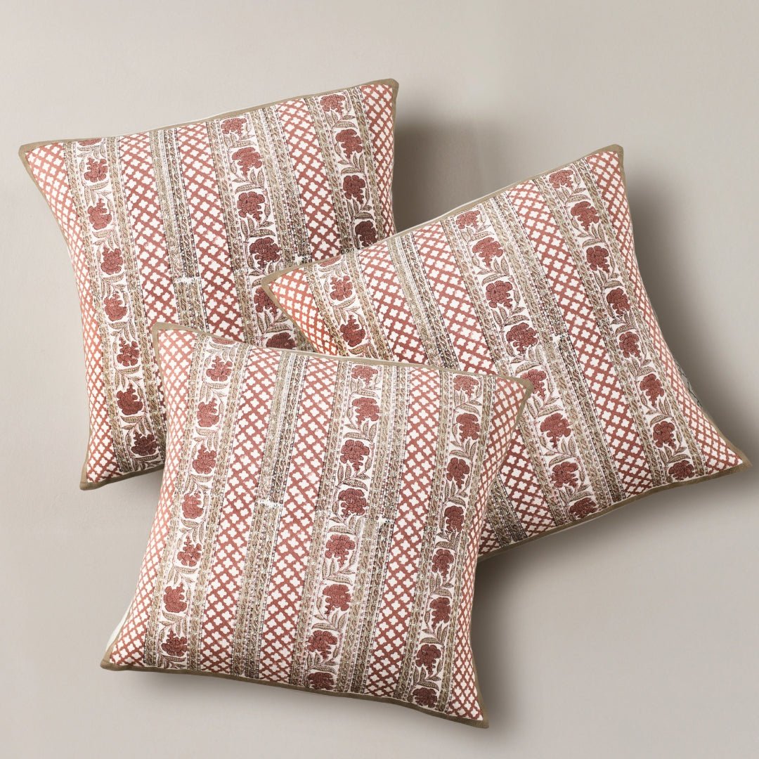 Ivory and Rust Pure Cotton Floral Cushion Cover | 18x18 in | Set of 1,2,3,4 and 5 | Block Printed