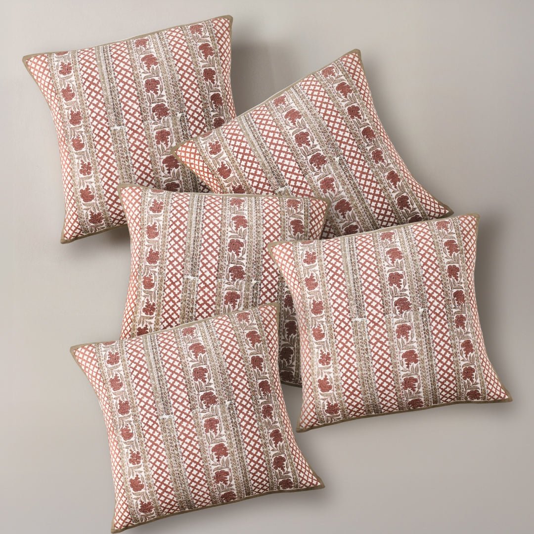 Ivory and Rust Pure Cotton Floral Cushion Cover | 18x18 in | Set of 1,2,3,4 and 5 | Block Printed