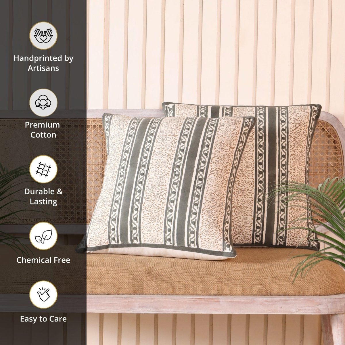 Charcoal and Off White Pure Cotton Cushion Cover | 18x18 in | Set of 1,2,3,4 and 5 | Striped