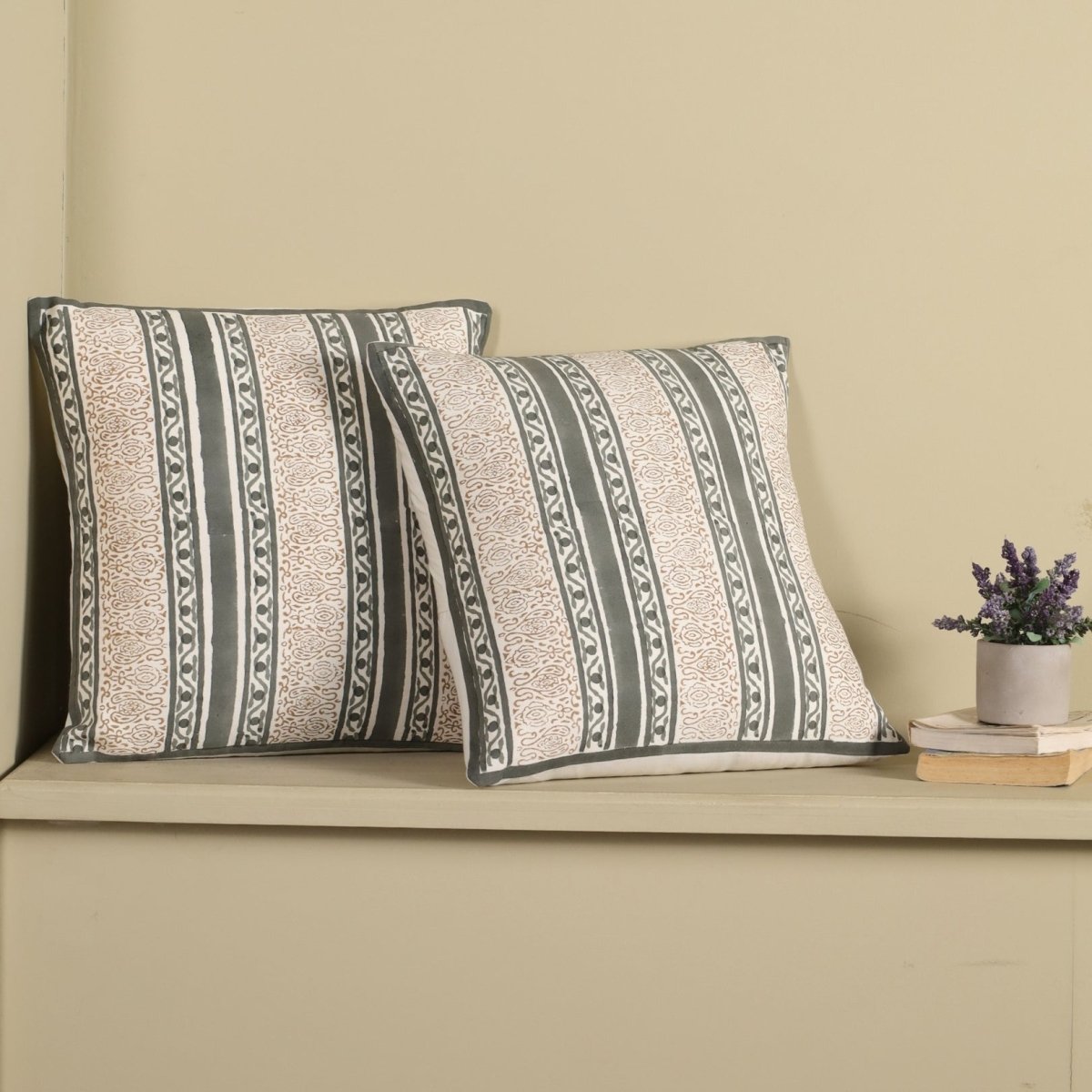 Charcoal and Off White Pure Cotton Cushion Cover | 18x18 in | Set of 1,2,3,4 and 5 | Striped