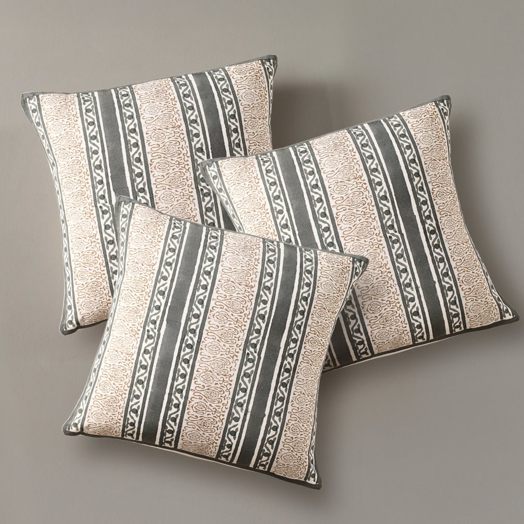 Charcoal and Off White Pure Cotton Cushion Cover | 18x18 in | Set of 1,2,3,4 and 5 | Striped
