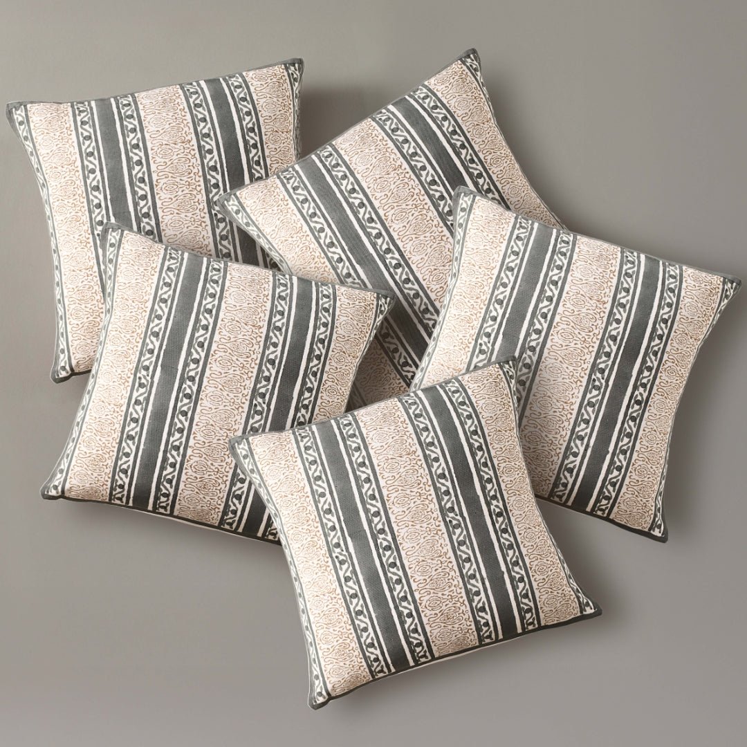 Charcoal and Off White Pure Cotton Cushion Cover | 18x18 in | Set of 1,2,3,4 and 5 | Striped