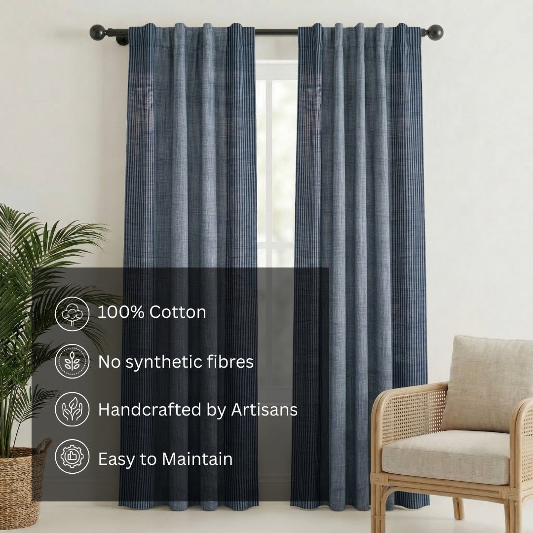 Pure Cotton Semi Blackout Curtains in Blue colour with 60% light blocking | Best curtains for living room