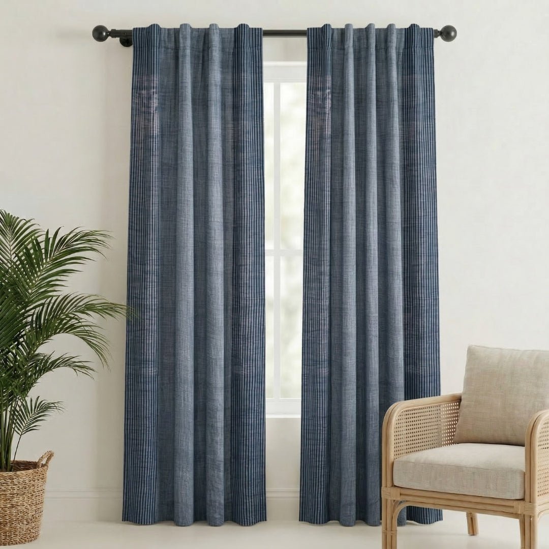 Pure Cotton Semi Blackout Curtains in Blue colour with 60% light blocking | Best curtains for living room