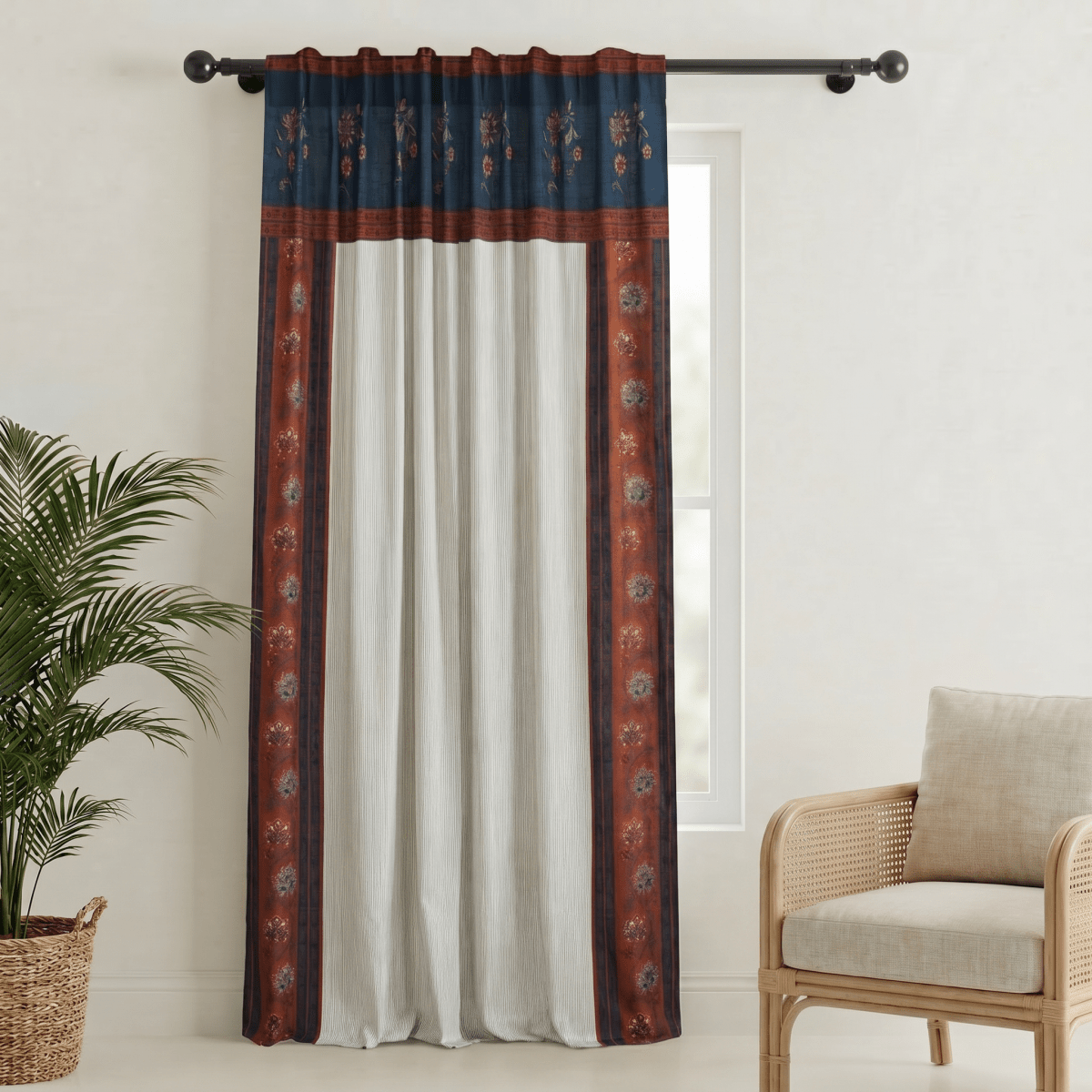 Pure Cotton Curtains set in Ivory Maroon and Navy Blue Colours, available in 7ft pack of 1