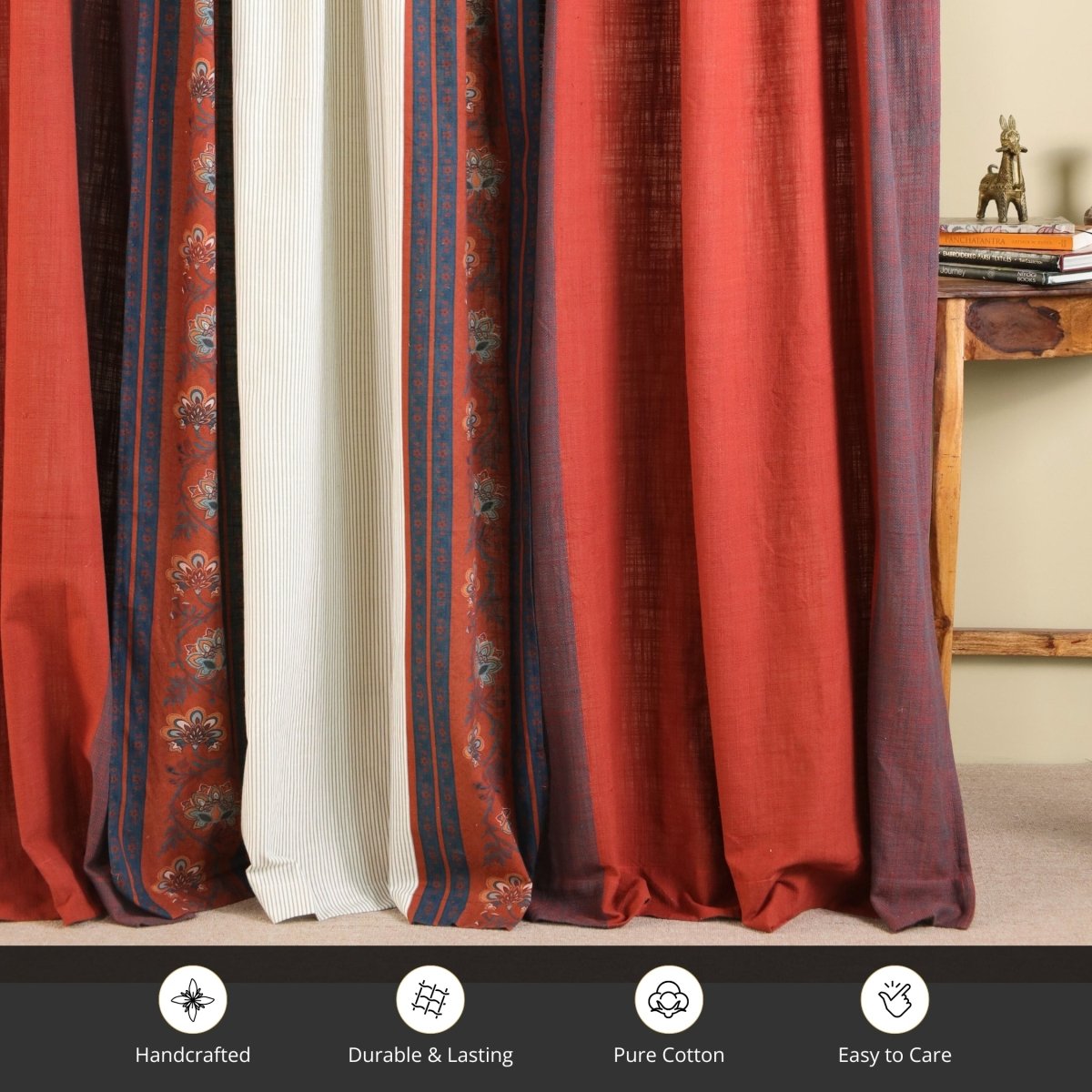 Pure Cotton Curtains set in Brick Red, Ivory and Navy Blue Colours, available in 7ft in set of 3