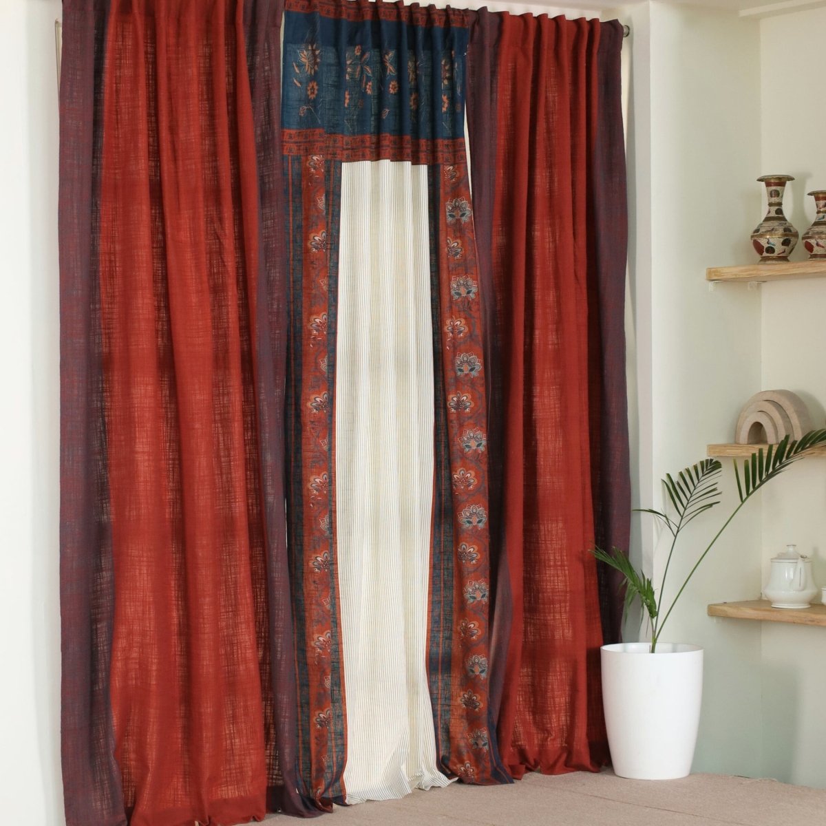 Pure Cotton Curtains set in Brick Red, Ivory and Navy Blue Colours, available in 7ft in set of 3