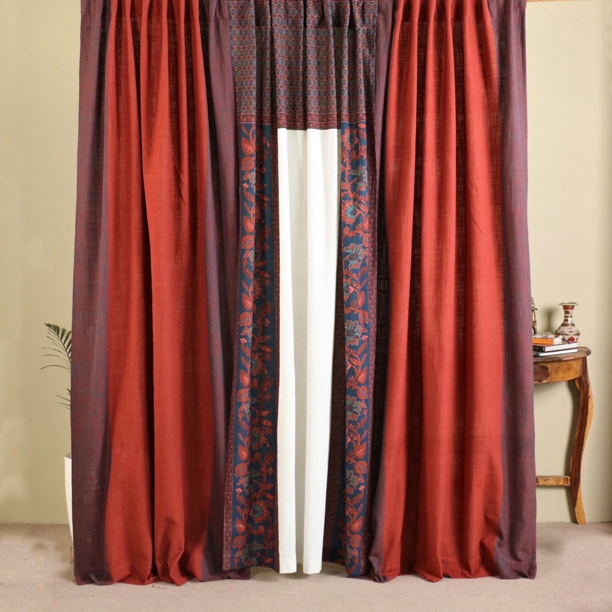 Pure Cotton Curtains set in Brick Red, Navy Blue and Ivory Colours, available in 7ft in set of 3