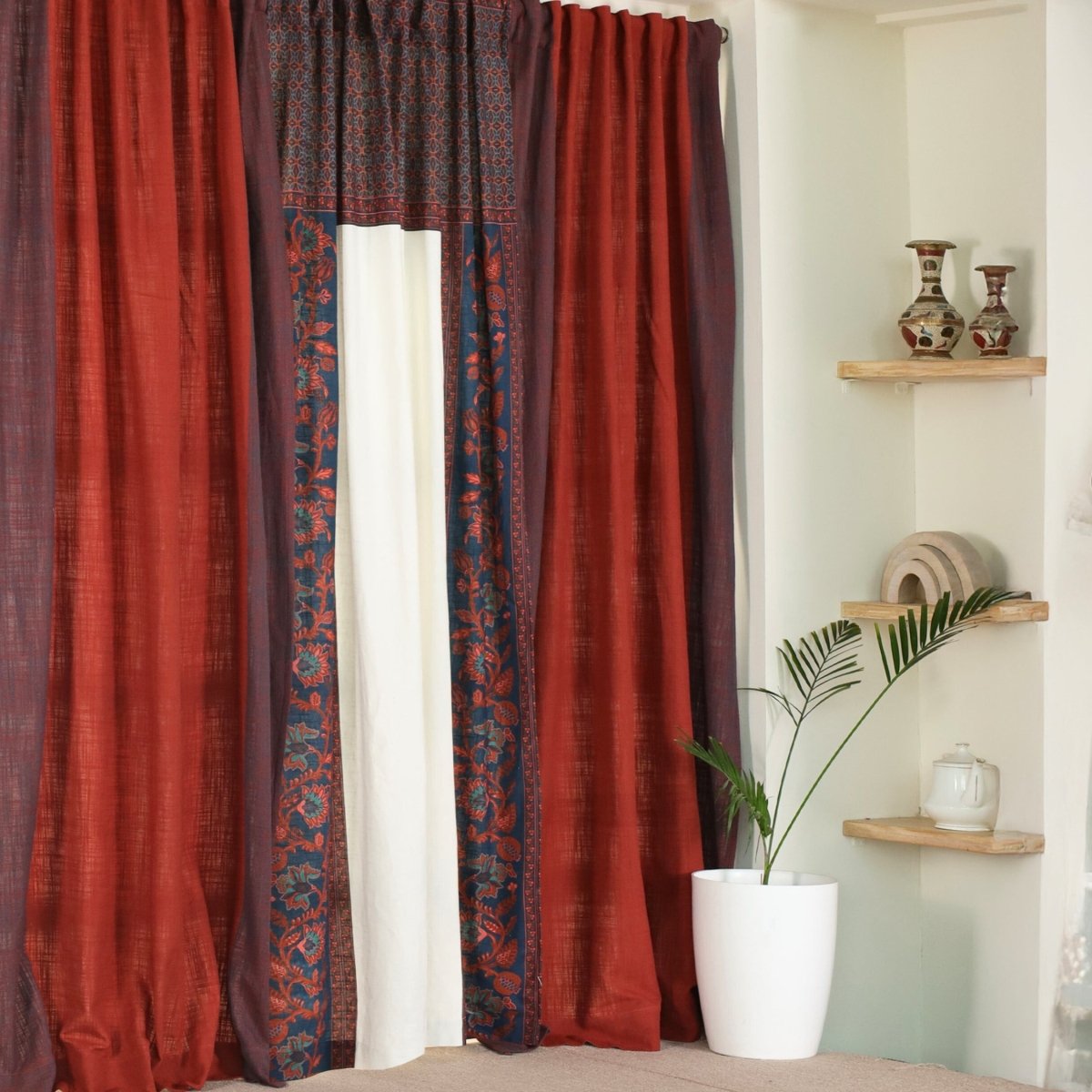 Pure Cotton Curtains set in Brick Red, Navy Blue and Ivory Colours, available in 7ft in set of 3