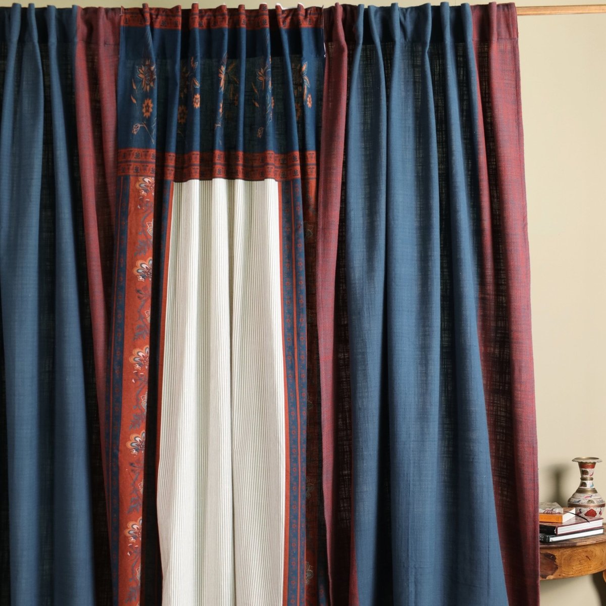 Pure Cotton Curtains set in Maroon Navy Blue and Ivory Colours, available in 7ft in set of 3