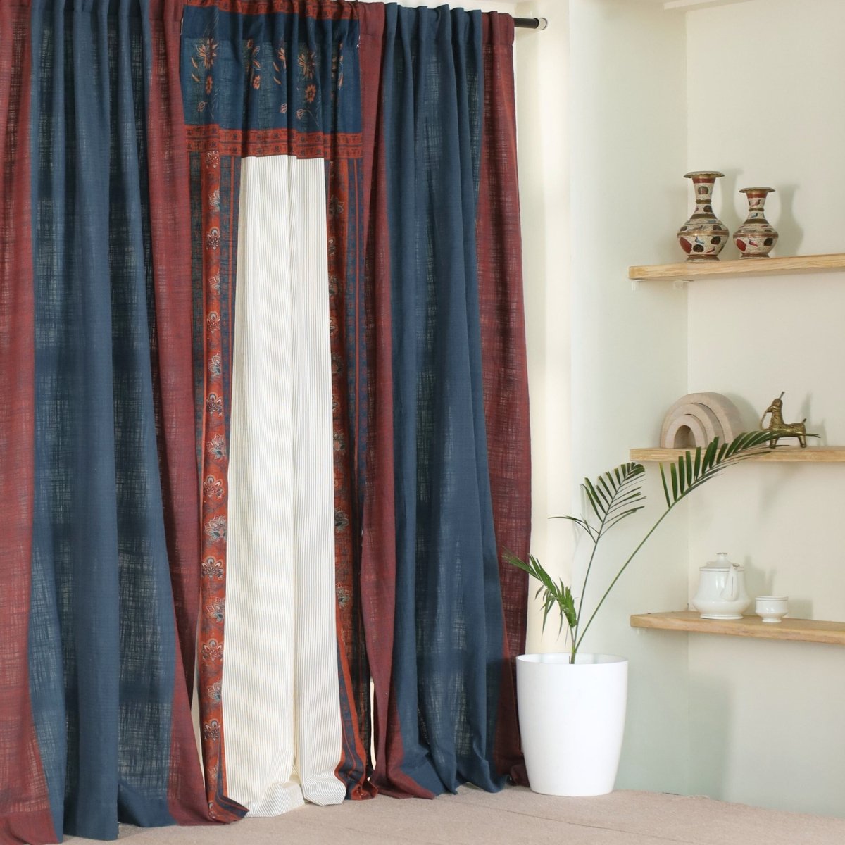 Pure Cotton Curtains set in Maroon Navy Blue and Ivory Colours, available in 7ft in set of 3