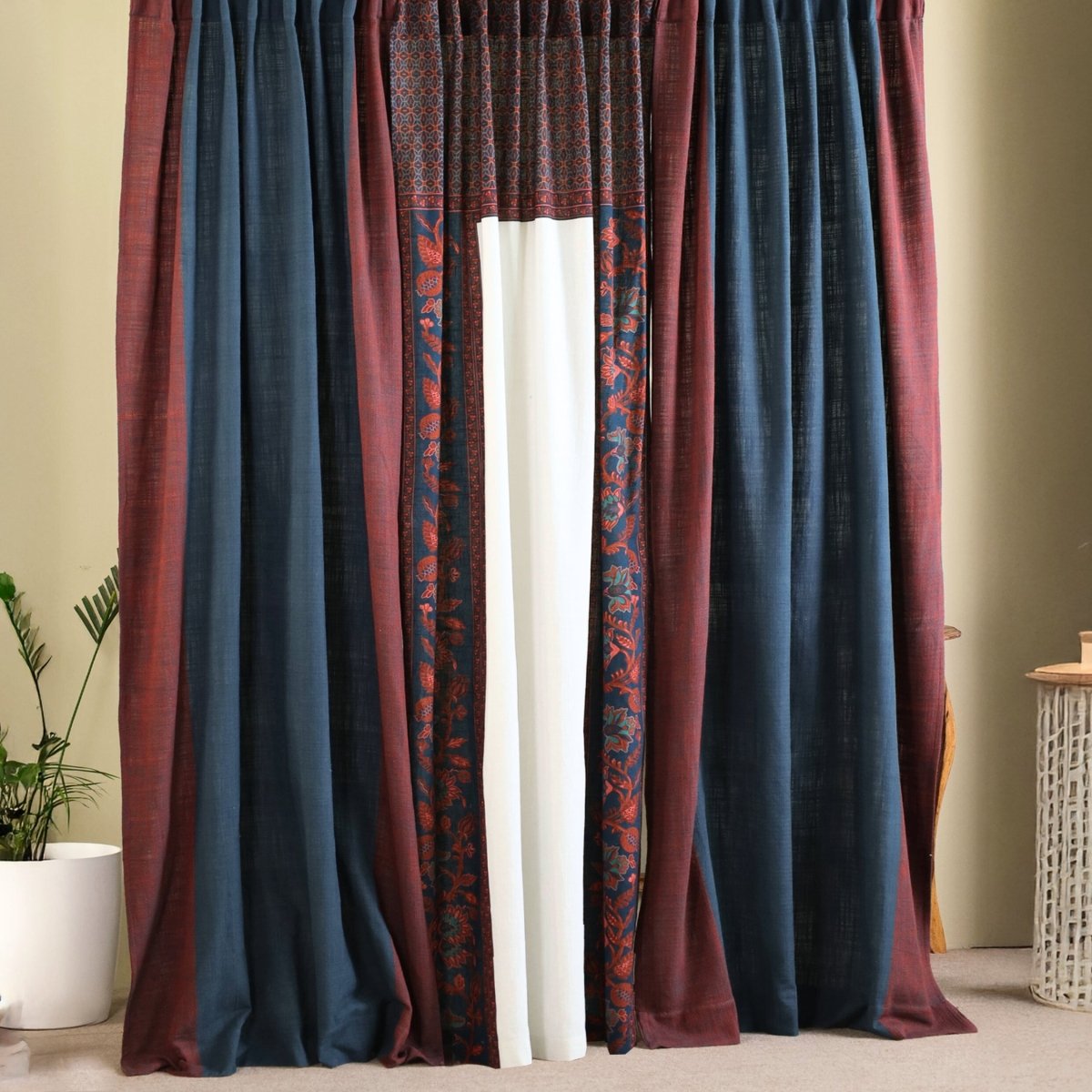 Pure Cotton Curtains set in Maroon Navy Blue and Ivory Colours, available in 7ft in set of 3