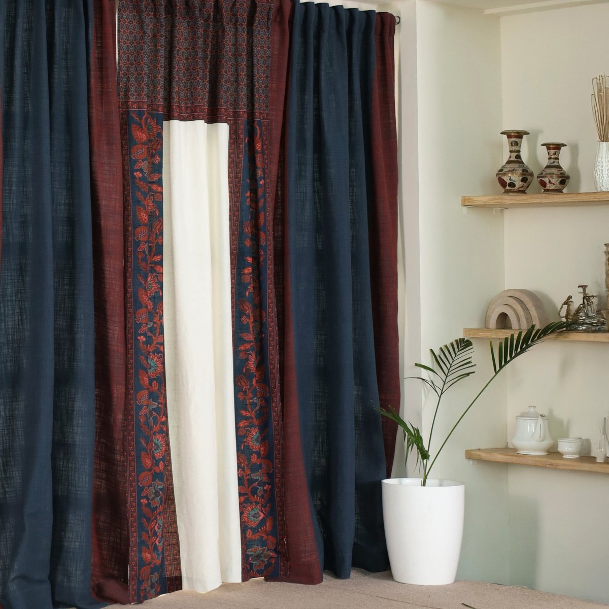 Pure Cotton Curtains set in Maroon Navy Blue and Ivory Colours, available in 7ft in set of 3