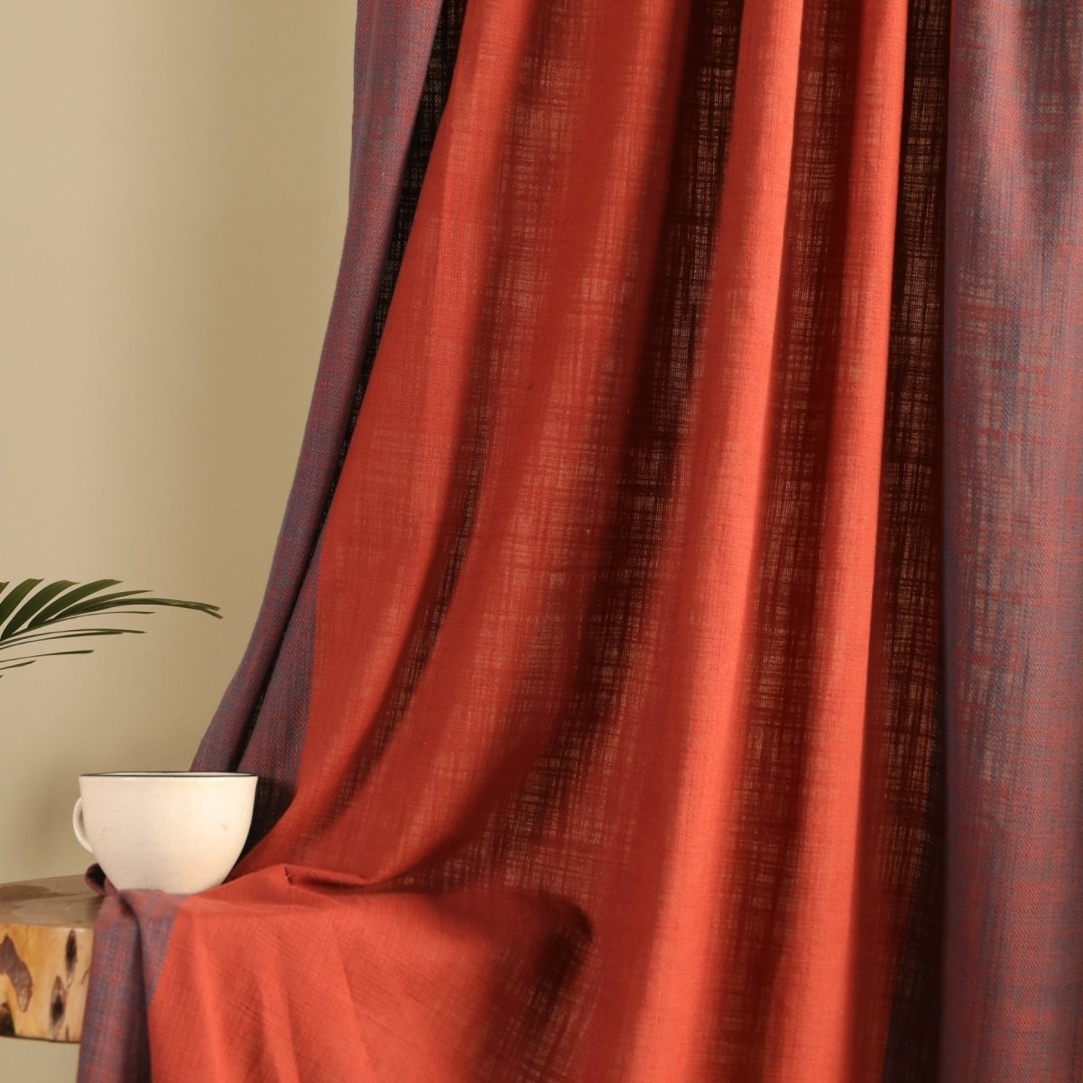 Pure Cotton Curtains set in Off White and Brick Red Colours, available in 7ft in set of 3