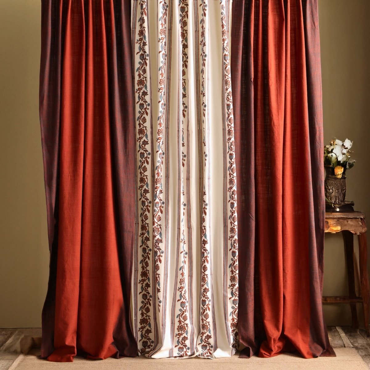 Pure Cotton Curtains set in Off White and Brick Red Colours, available in 7ft in set of 3