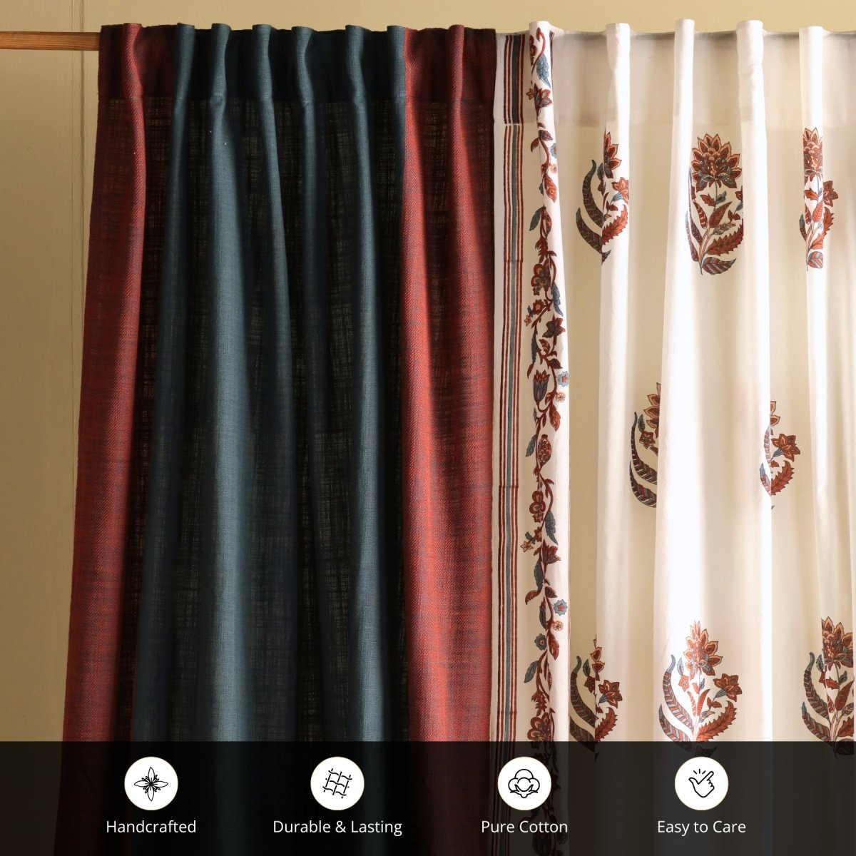 Pure Cotton Sheer and solid Curtains set in  Off White and Navy Colours, available in 7ft in set of 3