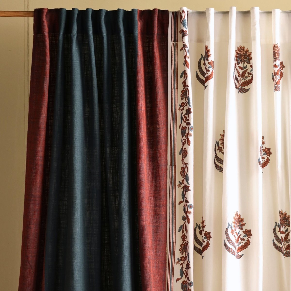 Pure Cotton Sheer and solid Curtains set in  Off White and Navy Colours, available in 7ft in set of 3