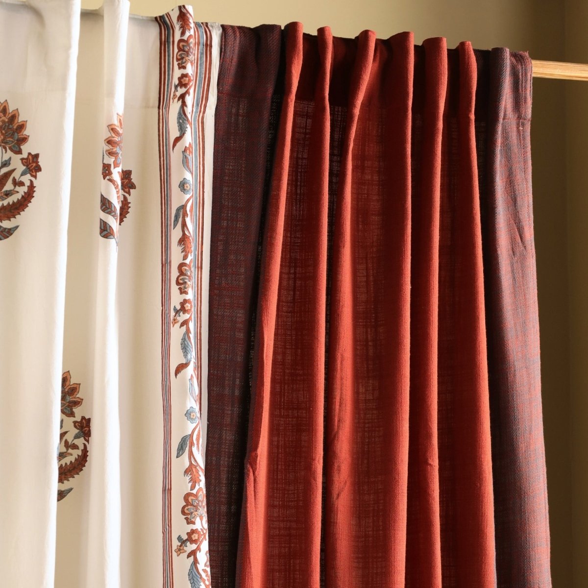 Pure Cotton solid Curtains set in  Brick Red and Navy Colours, available in 7ft in pack of 3