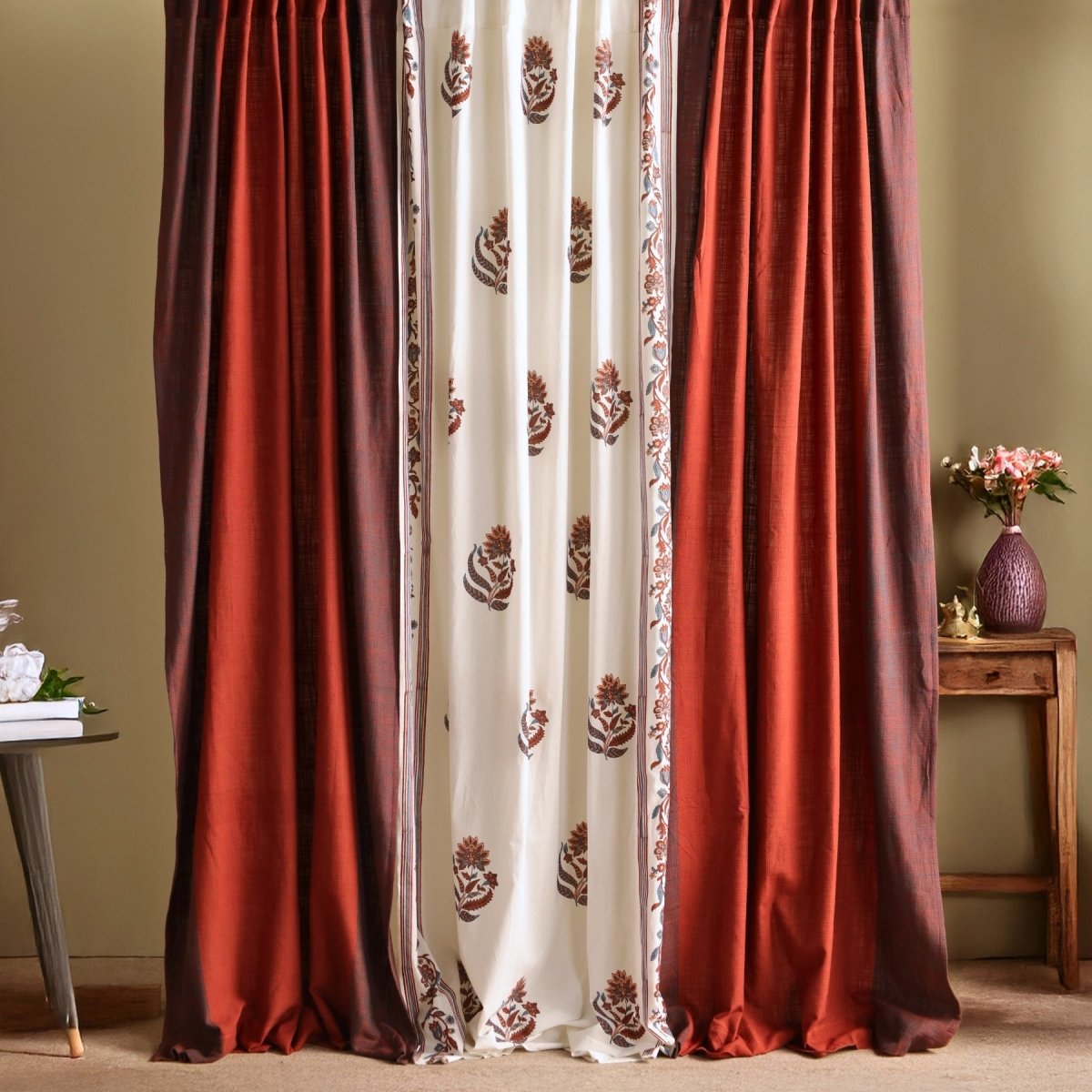 Pure Cotton solid Curtains set in  Brick Red and Navy Colours, available in 7ft in pack of 3