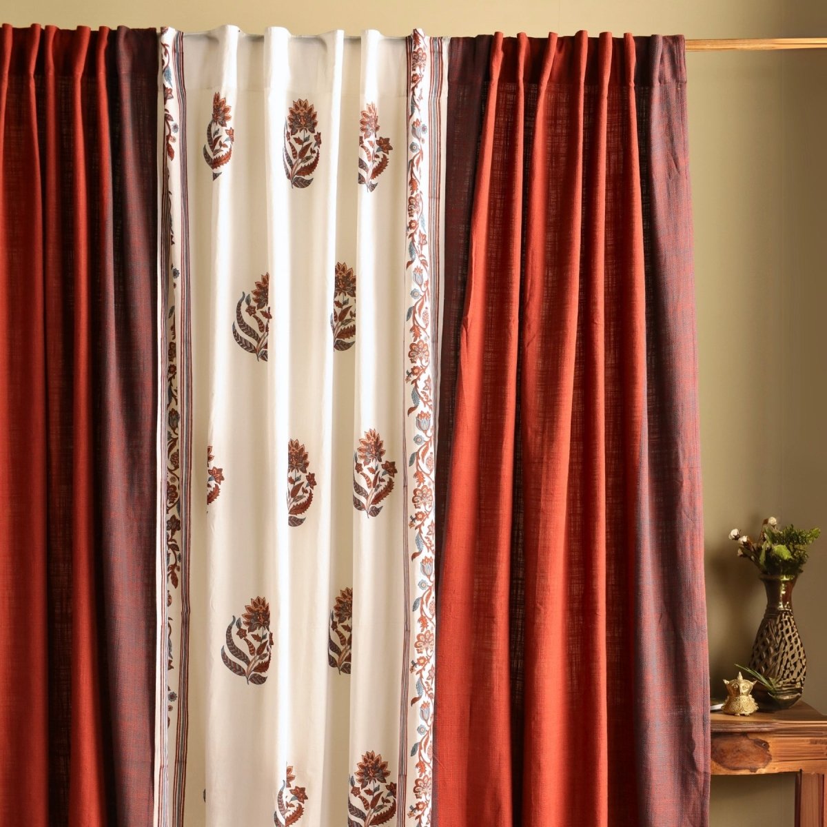 Pure Cotton solid Curtains set in  Brick Red and Navy Colours, available in 7ft in pack of 3