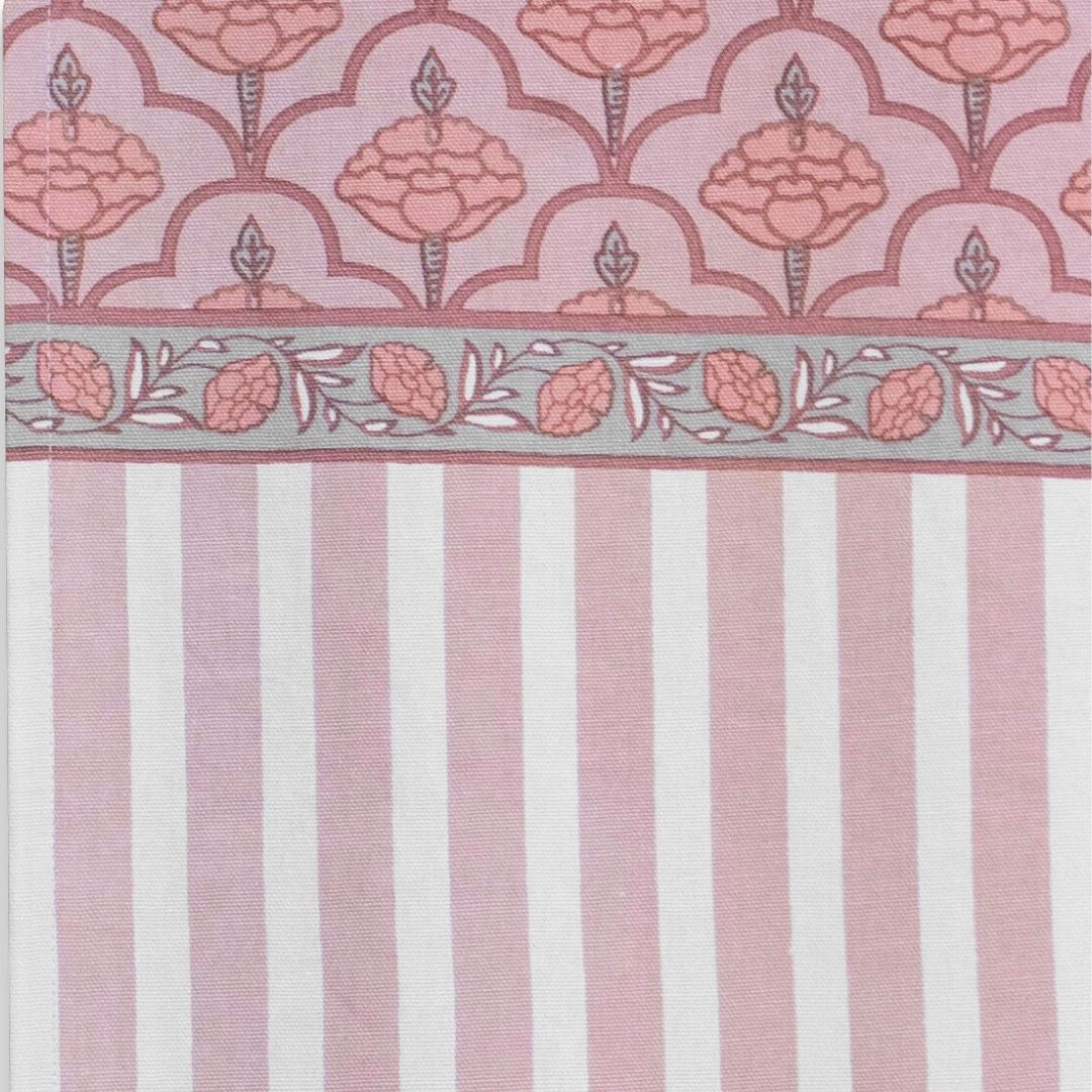 Door Curtain in Dusty Pink and Off white in Pure Cotton with Ornate florals and Bold Stripes | 7 Feet | Semi Blackout with 70% light blocking