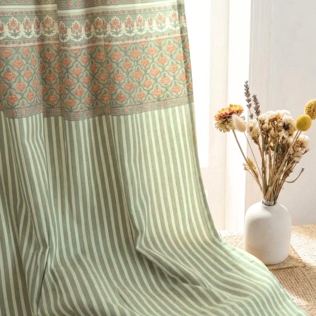 Pure Cotton Curtains in soft green colours in ornate floral and bold stripe pattern, available in 7ft.