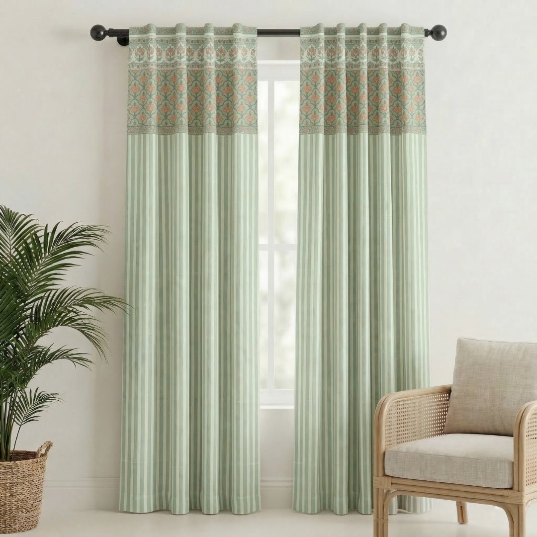 Pure Cotton Curtains in soft green colours in ornate floral and bold stripe pattern, available in 7ft.