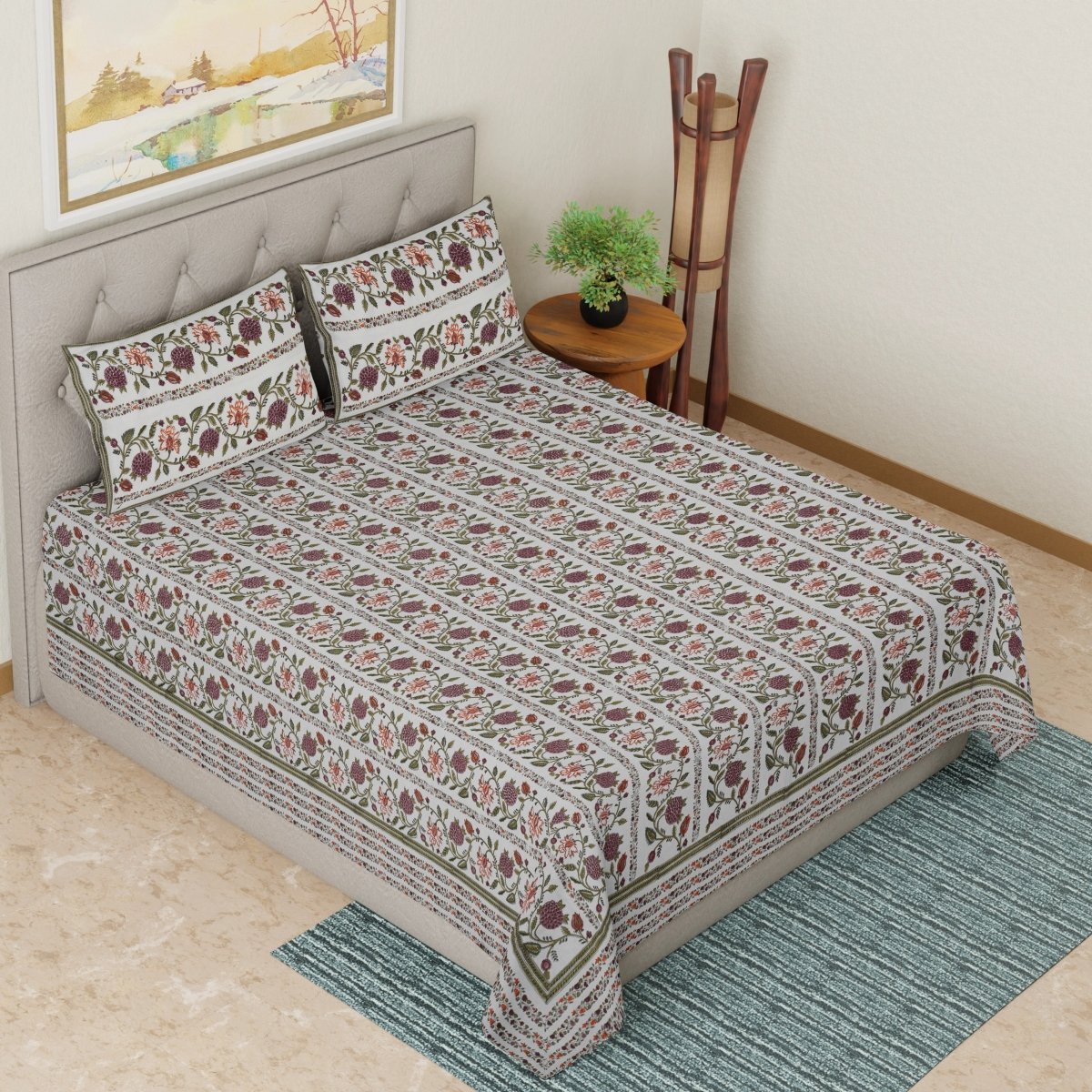 Pure Cotton Double Bed Sheet Set with 2 Pillow Covers shown in a home setup