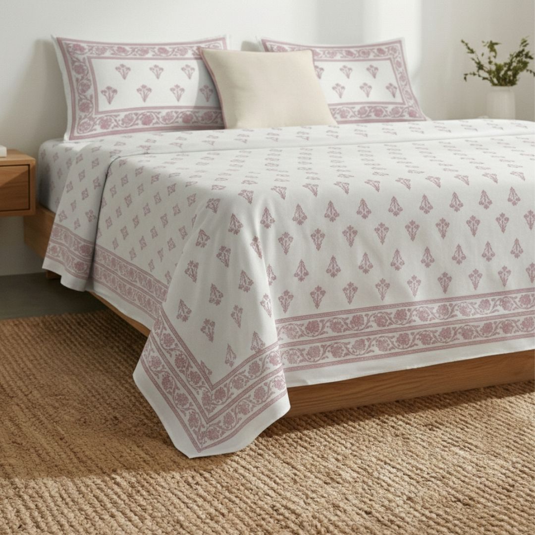 Pink & White Pure Cotton Double Floral Bedsheet | Queen Size | Handprinted