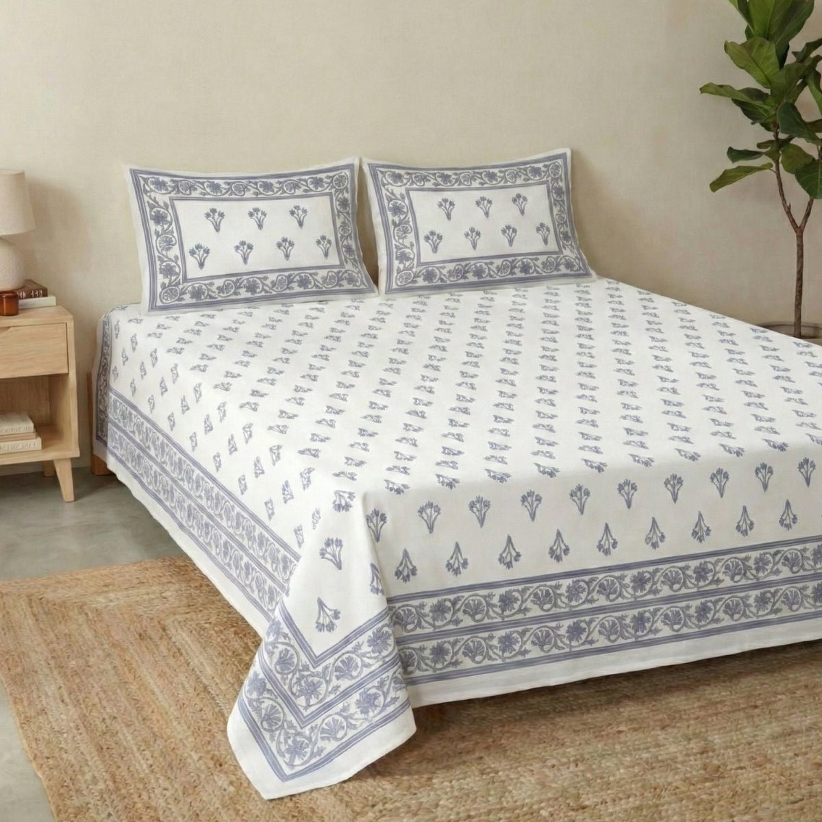 Off White and Blue Pure Cotton Double Floral Bedsheet | Queen Size | Handprinted