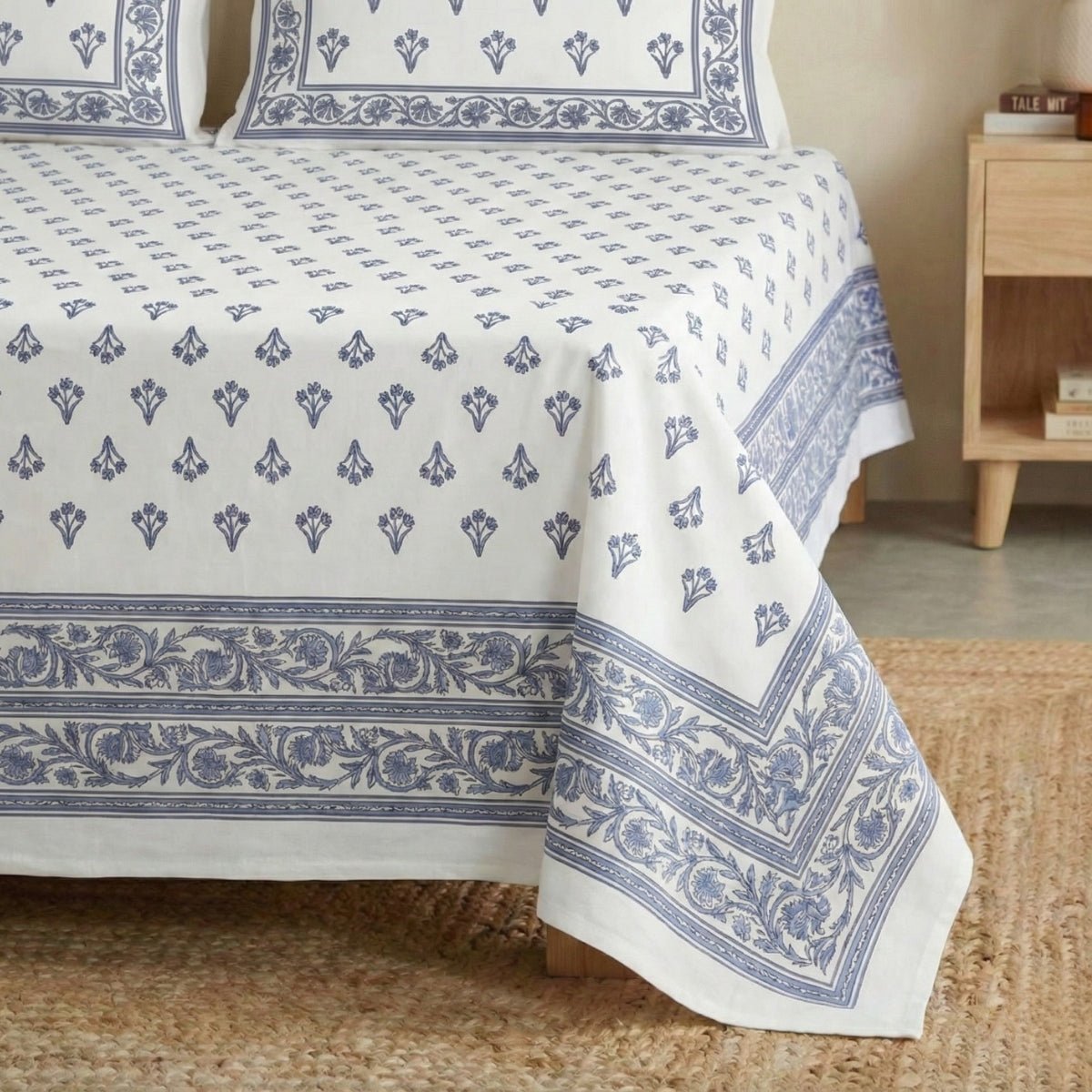 Off White and Blue Pure Cotton Double Floral Bedsheet | Queen Size | Handprinted