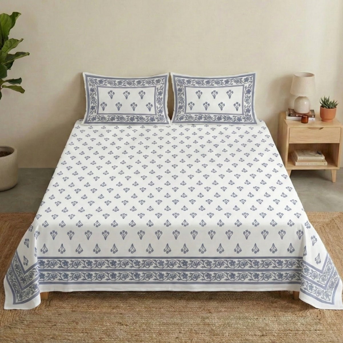 Off White and Blue Pure Cotton Double Floral Bedsheet | Queen Size | Handprinted