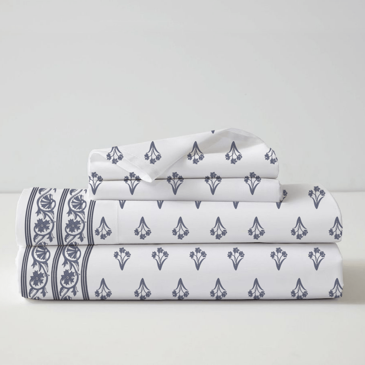 Off White and Blue Pure Cotton Double Floral Bedsheet | Queen Size | Handprinted
