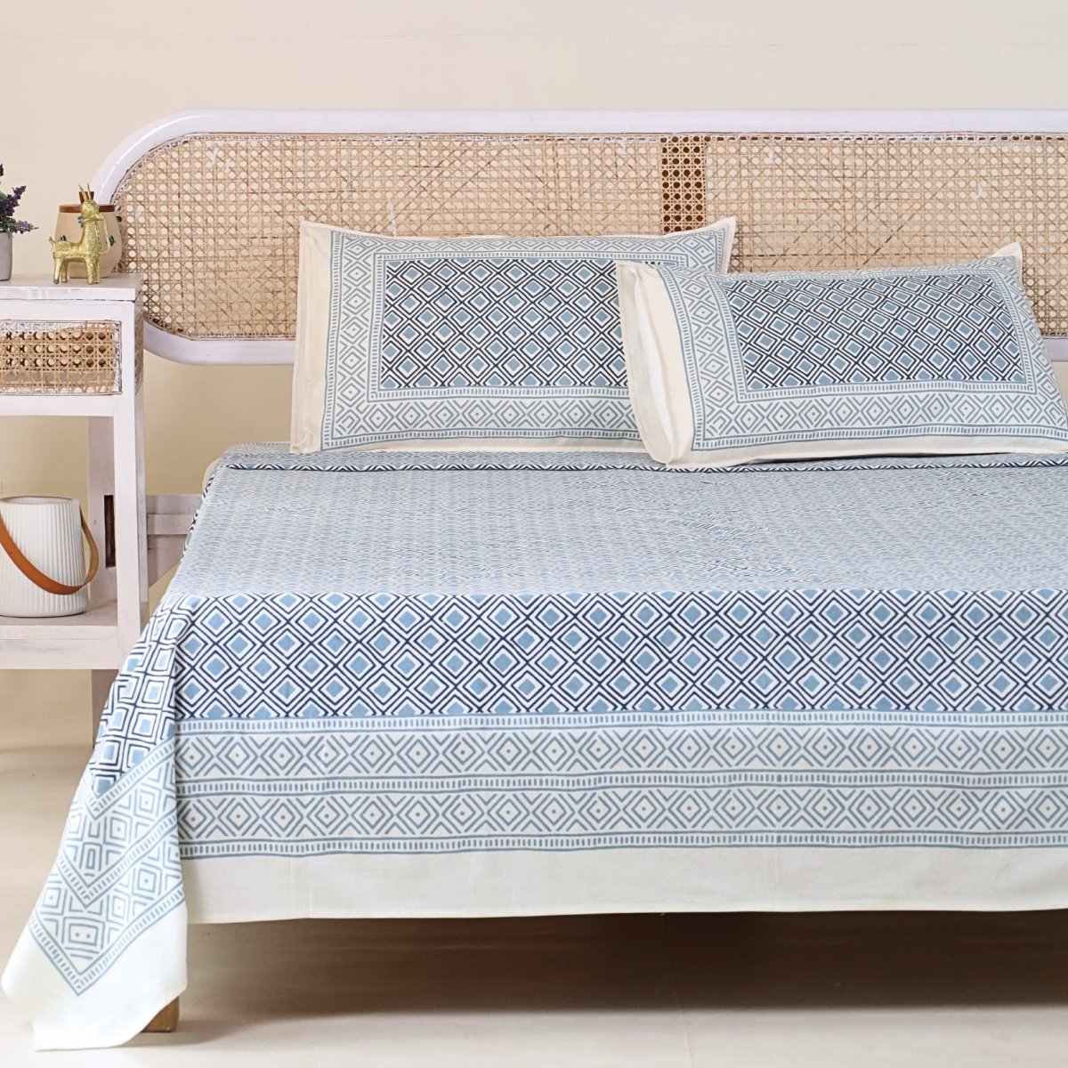 Cotton Bed sheet Set in Queen Size with 2 Pillow Covers Hand Printed in Blue & Grey