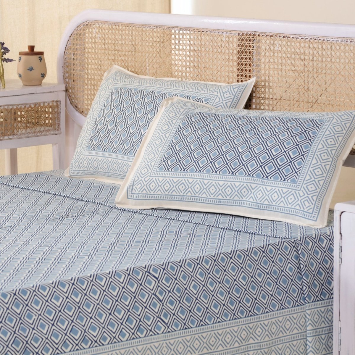 Cotton Bed sheet Set in Queen Size with 2 Pillow Covers Hand Printed in Blue & Grey