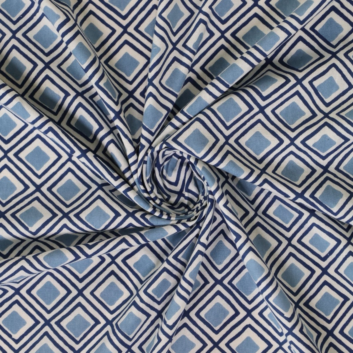Cotton Bed sheet Set in Queen Size with 2 Pillow Covers Hand Printed in Blue & Grey