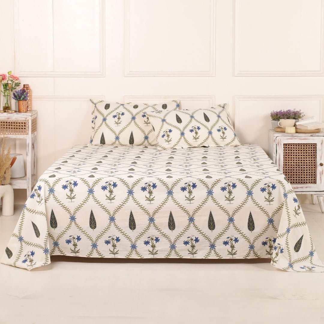 Cypress Blue Pure Cotton Double Bedsheet | Queen Size | Handprinted