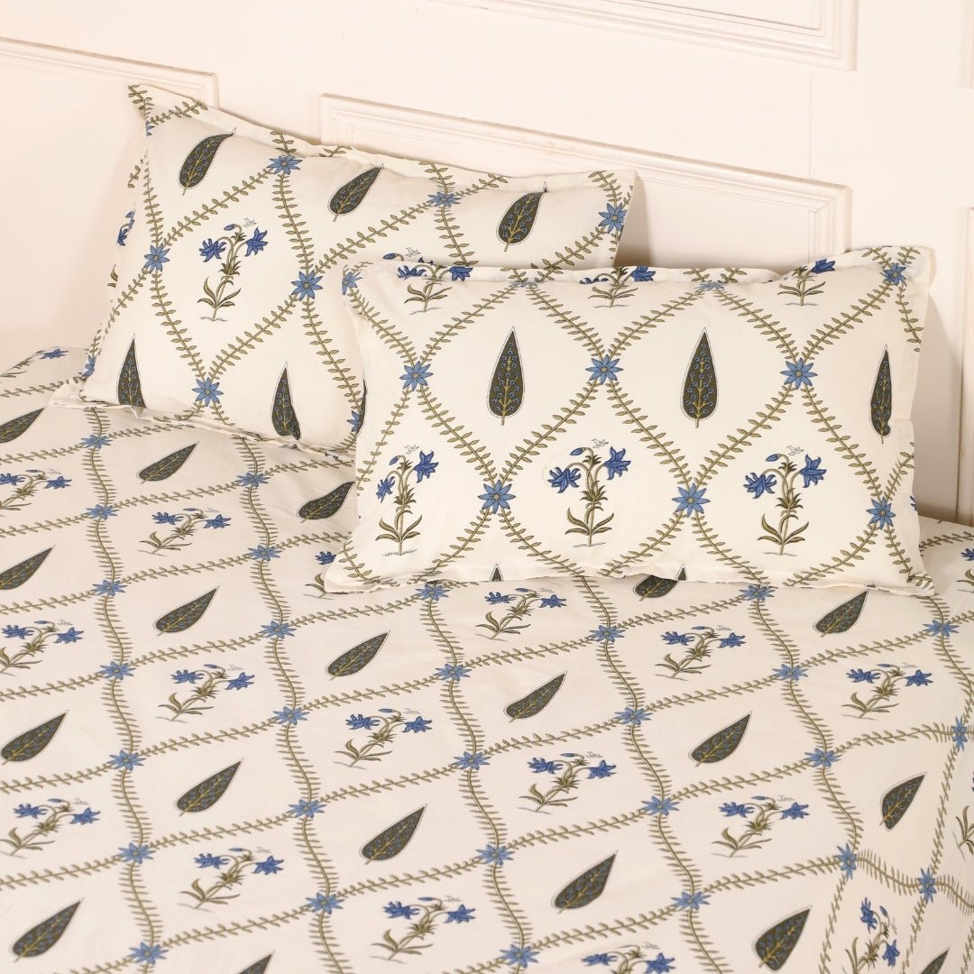 Cypress Blue Pure Cotton Double Bedsheet | Queen Size | Handprinted