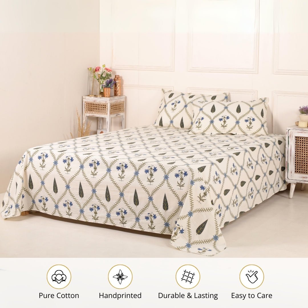 Cypress Blue Pure Cotton Double Bedsheet | Queen Size | Handprinted