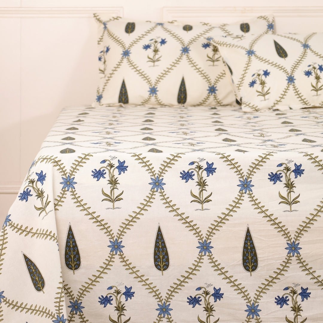Cypress Blue Pure Cotton Double Bedsheet | Queen Size | Handprinted