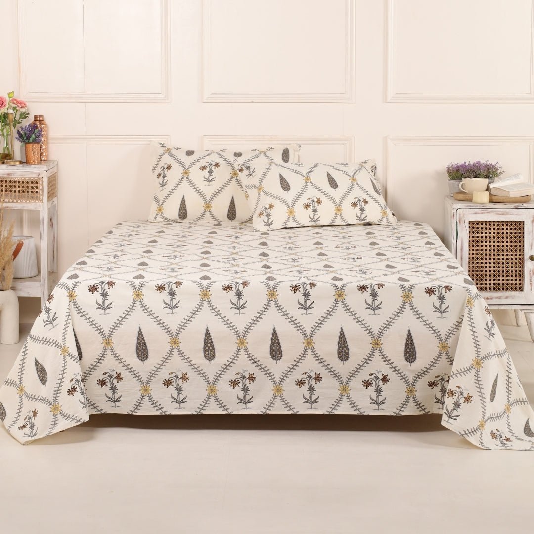 Cypress Yellow Pure Cotton Double Bedsheet | Queen Size | Handprinted