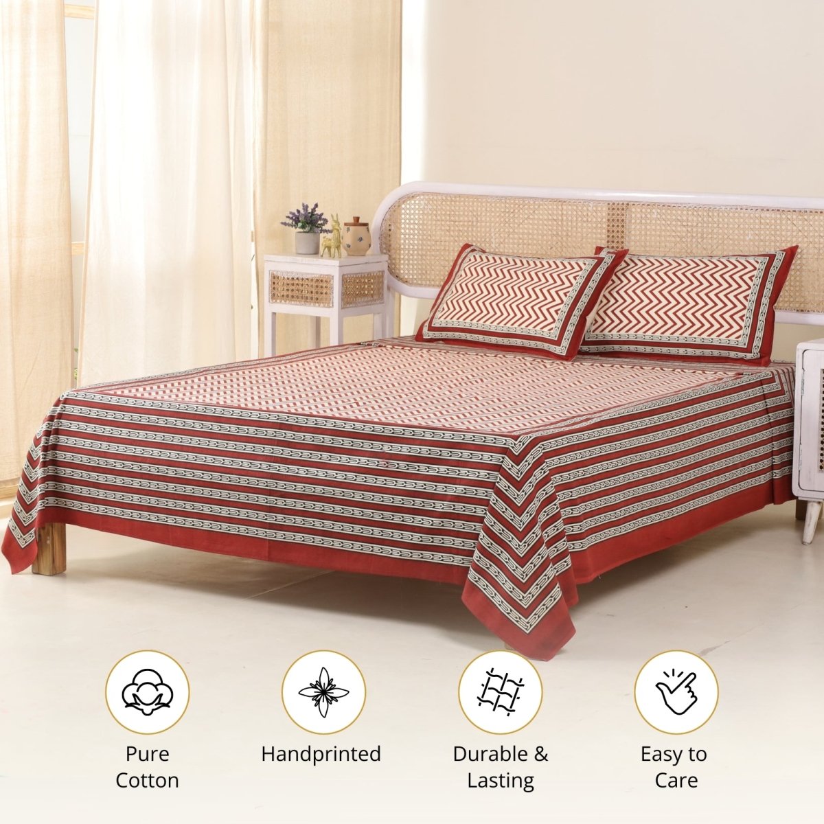 Cotton Bed sheet in Queen Size With 2 Pillow Covers Hand Printed In Maroon & Black