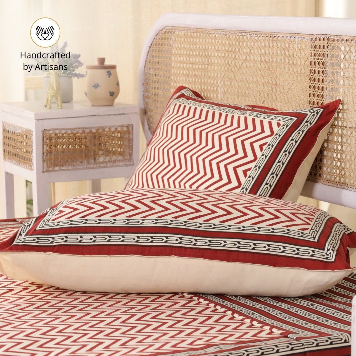 Cotton Bed sheet in Queen Size With 2 Pillow Covers Hand Printed In Maroon & Black