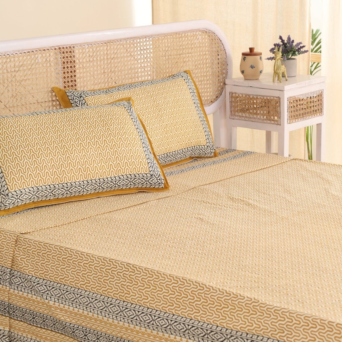 Cotton Bed sheet in Queen Size With 2 Pillow Covers Hand Printed In Mustard & Black